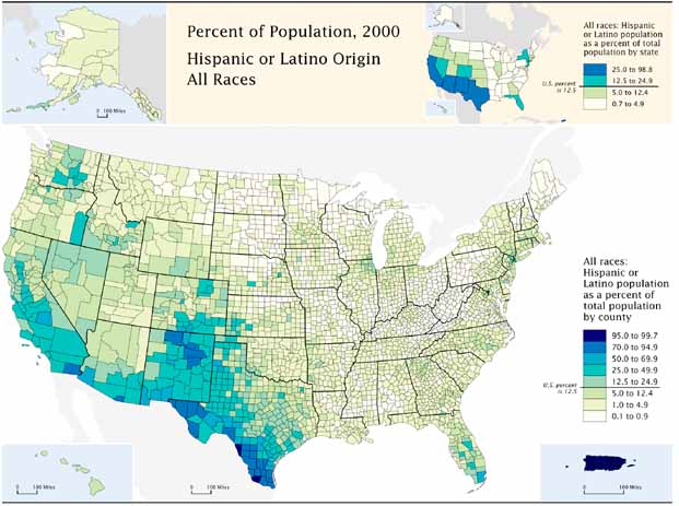 Hispanic population percentages, 2000