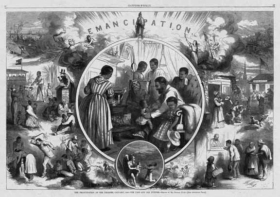 A Thomas Nast illustration from Harper’s Weekly. The caption reads, “The emancipation of the Negroes, January, 1863 — the past and the future.”