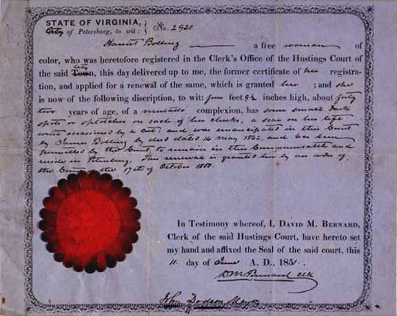 Certificate of freedom for the mulatto Harriet Bolling.