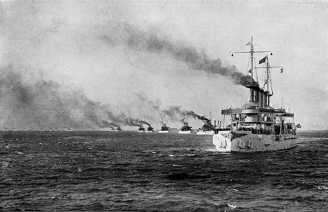 The USS Connecticut leads the Great White Fleet out of Hampton Roads, Virginia in 1907.