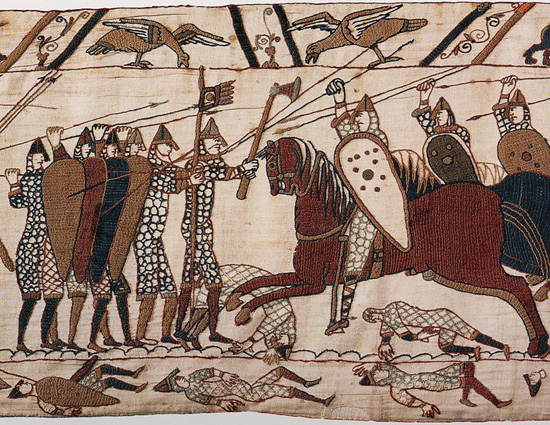 This scene from the Bayeux Tapestry depicts mounted Normans attacking Anglo-Saxon infantry at the Battle of Hastings.