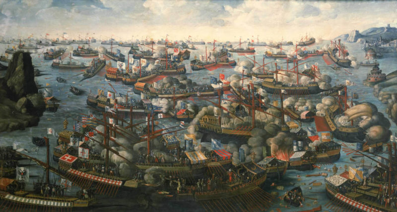 Battle of Lepanto in 1571 (late 16th century). Artist unknown. Click for expanded version.
