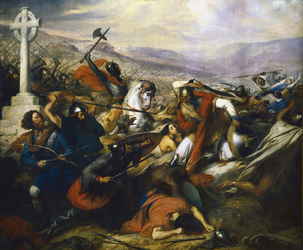 Charles de Steuben 的 Bataille de Poitiers en octobre 732 描绘了在图尔战役中胜利的 Charles Martel（已登上）面对 'Abdul Rahman Al Ghafiqi（右）。