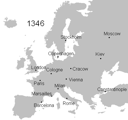 Spread of the bubonic plague through Europe (1346–53).