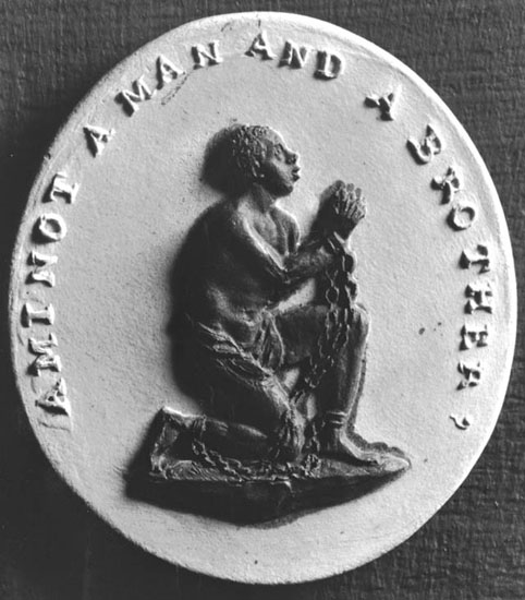 An engraving used by anti-slavery campaigners in the 1700s. It reads "Am I Not A Man And A Brother?"