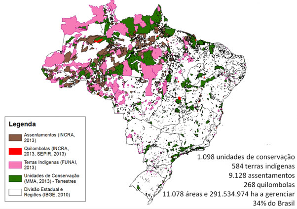 The many types of reservations take 34 percent of the land of Brazil. Brown: Land taken from unproductive owners and given to the poor as part of agrarian reform. Red: Quilombos. Pink: Indian Reservations. Green: Forest and jungle reserves.