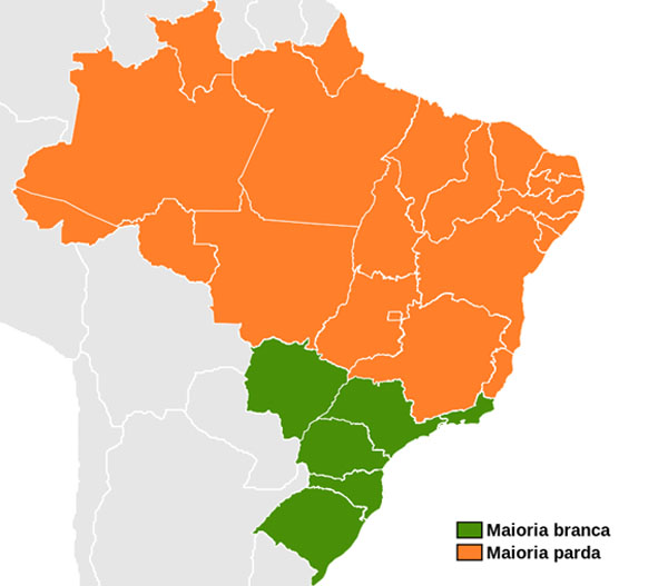 In the orange states the majority calls itself mixed-race. In green states, the majority calls itself white.