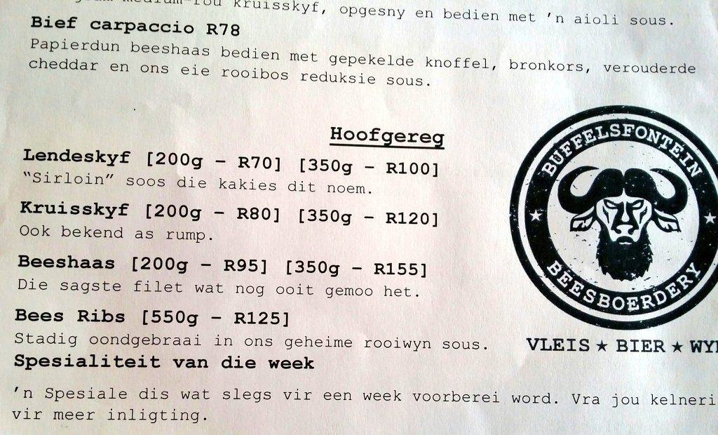 Buffelsfontein Beesboerdery Menu