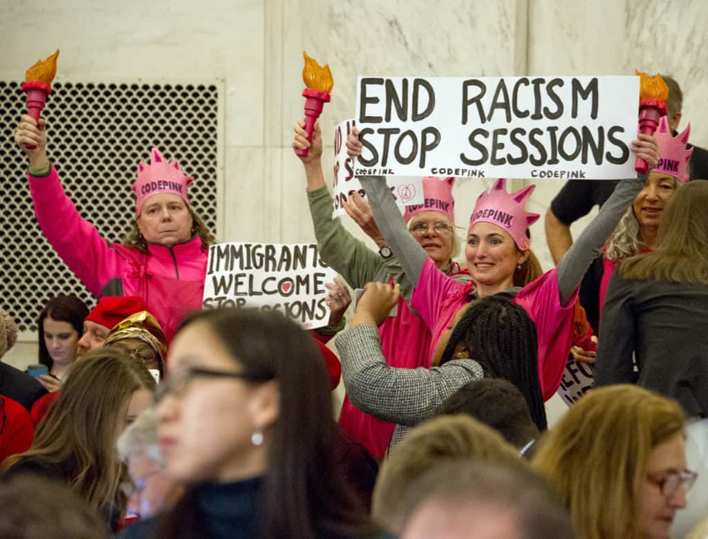 Jeff Sessions Attorney General Confirmation Hearings Disrupted by Code Pink