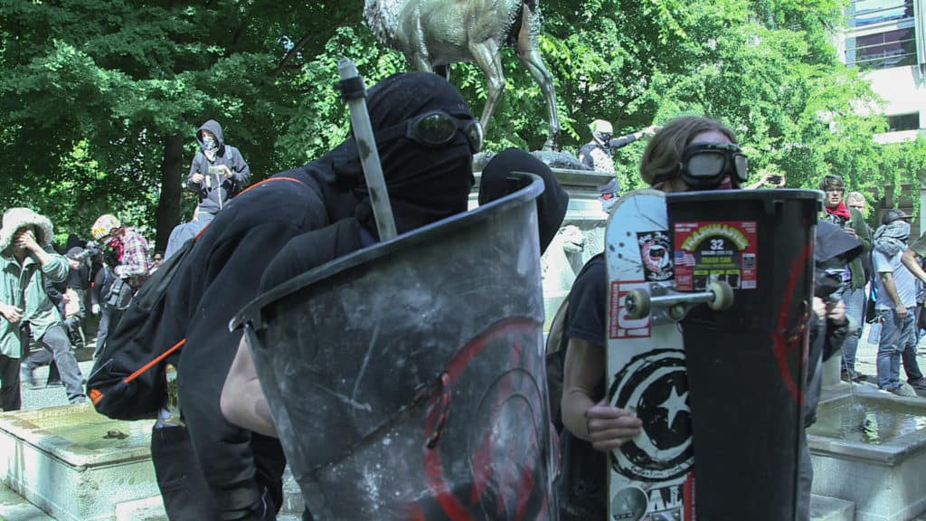 Antifa prepare to face off with Trump supporters during a free speech rally at Terry Schrunk Plaza in Portland, Oregon, on June 4, 2017. (Credit Image: © Emily Molli / NurPhoto via ZUMA Press)