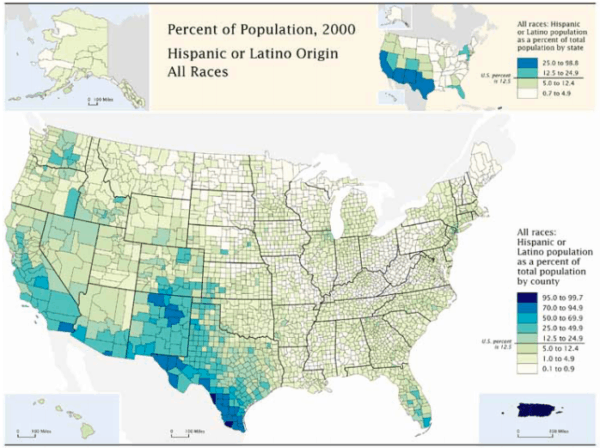 Hispanics in US 2000 Map