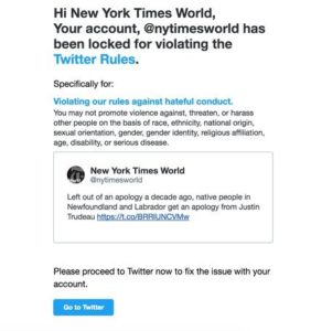 Twitter Says Blocking A New York Times Account Was An Error Twitter Says Blocking A New York Times Account Was An Error