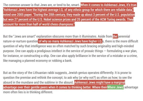 Censored Passage from New York Times Column on Jewish IQ