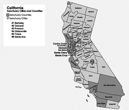 Map of Sanctuary Cities and Counties in California