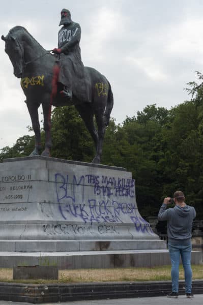 Damage to the statue of Leopold II in Brussels.