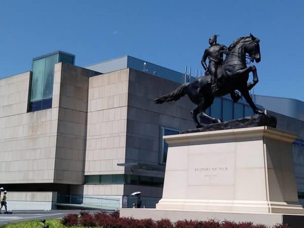 The “Rumors of War” statue outside the Virginia Museum of Fine Arts. Sculpted by black artist Kehinde Wiley, it’s a satire of the equestrian portraiture that’s often used to memorialize Confederate generals. The rider is a black man with dreadlocks in a ponytail, ripped jeans, and Nike sneakers.