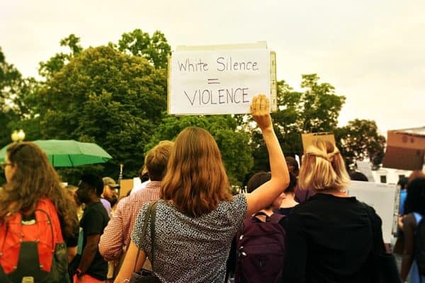 A protester outside the White House on August 14, 2017