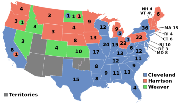 The results of the 1892 presidential election. States won by Democrat Grover Cleveland are in blue, by Republican Benjamin Harrison are in red, and won by Populist (aka “People’s Party”) James Weaver in green.