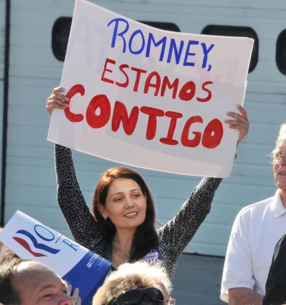 Oct. 25, 2012 – A Latina woman holds a sign in Spanish reading ‘We Are With You’ as Republican presidential candidate M. Romney speaks during a campaign stop in Columbus, Ohio.(Credit Image: © Michael Williams / ZUMAPRESS.com)