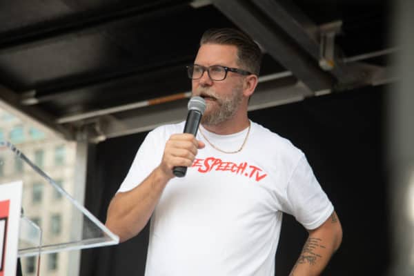Gavin McInnes, founder of the Proud Boys at Freedom Plaza in Washington D.C. on July 6, 2019 to ”Demand Free Speech.\