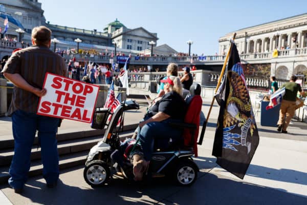 The “count every vote” and ''stop the steal” demonstrators outside the Pennsylvania State Capital building in Harrisburg.