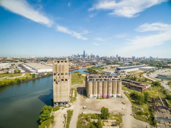 Aerial view of an abandoned factory outside of Chicago