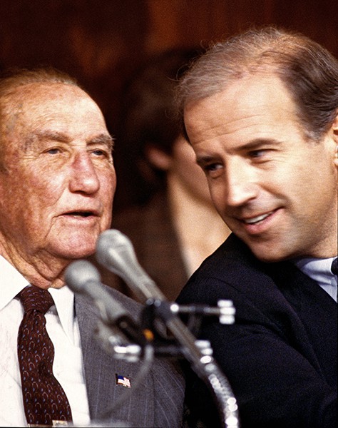 Senator J. Strom Thurmond and Senator Joseph Biden during the 9 -5 vote that rejected the nomination of Robert H. Bork as Associate Justice of the Supreme Court in Washington, D.C. on October 6, 1987 (Credit Image: © Ron Sachs/CNP via ZUMA Wire)