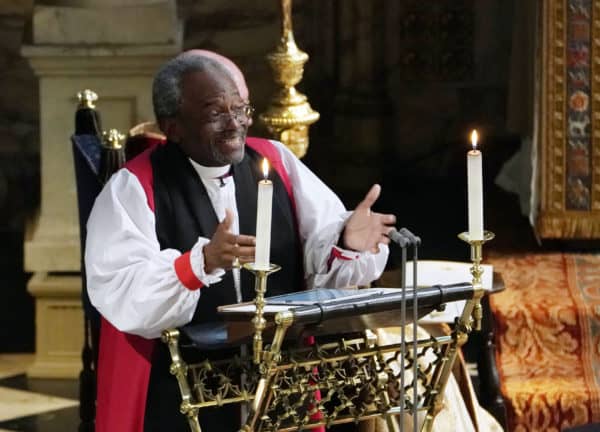 Bishop Michael Curry delivering the sermon at the wedding of the Duke and Duchess of Sussex. The Bishop said he felt the presence of slaves during the royal nuptials in St George’s Chapel. (Credit Image: © Owen Humphreys / PA Wire via ZUMA Press)