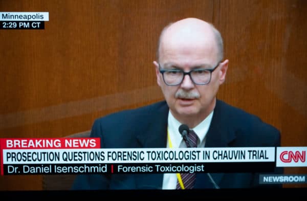 Forensic Toxicologist, Dr. Daniel Isenschmid, testifies during the trial of former Minneapolis police officer Derek Chauvin. (Credit Image: © Pool Video Via Court Tv via ZUMA Wire)
