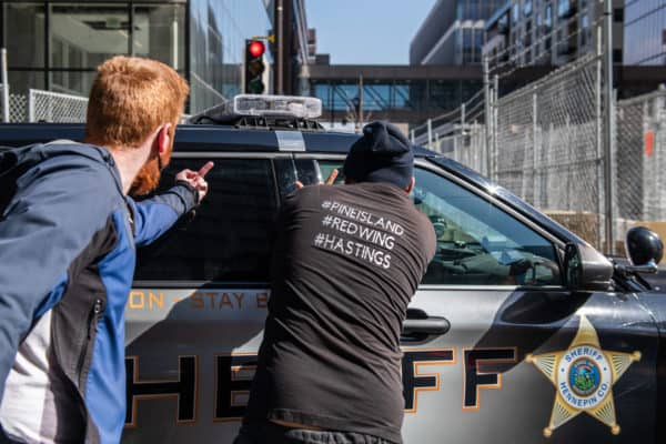 Outside the Hennepin County Government Center on April 2, 2021 in Minneapolis, Minnesota. Protestors have not left the space in Government Plaza since the beginning of the trial. (Credit Image: © imageSPACE via ZUMA Wire)