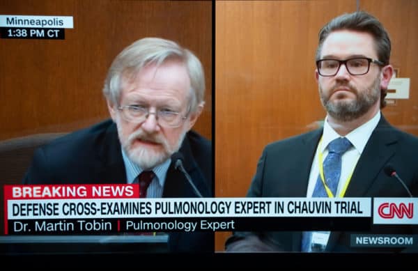 Pulmonology Expert, Dr. Martin Tobin, is cross examined by defense attorney, Eric Nelson, during the trial of former Minneapolis police officer Derek Chauvin. (Credit Image: © Pool Video Via Court Tv via ZUMA Wire)
