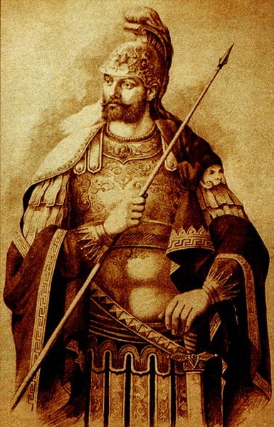 19 世纪君士坦丁 XI Dragases 皇帝与古典希腊罗马盔甲的描绘