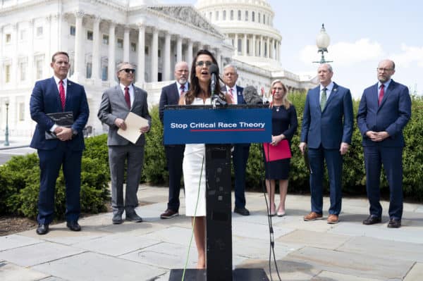 Representative Lauren Boebert (R-CO) speaking at a press conference about banning federal funding for the teaching of critical race theory. (Credit Image: © Michael Brochstein / ZUMA Wire)