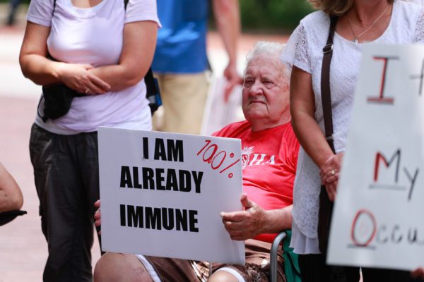 June 10, 2021, Bloomington, Indiana: Anti-vaxxers and anti-maskers gathered at Indiana University to protest against mandatory Covid vaccinations IU is requiring for students, staff and faculty during the upcoming fall semester. (Credit Image: © Jeremy Hogan / SOPA Images via ZUMA Wire)