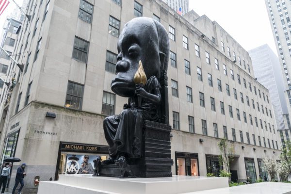 May 5, 2021, New York, New York, United States: 25-foot bronze sculpture Oracle by Sanford Biggers unveiled at Rockefeller Center as part of public art. Sculpture Oracle is part of an artist series called Chimera. (Credit Image: © Lev Radin/Pacific Press via ZUMA Wire)