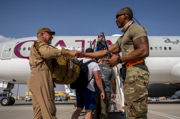 U.S. Embassy personnel, evacuated from Afghanistan, board a Qatar Airways flight to Kuwait. August 17, 2021. (Credit Image: © Sra Noah Coger / U.S. Air / Planet Pix via ZUMA Press Wire)