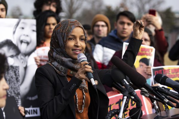 Representative Ilhan Omar speaks during a press conference calling for an end to immigrant detentions along the southern United States border held at the United States Capitol in Washington, DC on February 7, 2019. (Credit Image: © Alex Edelman / CNP via ZUMA Wire)
