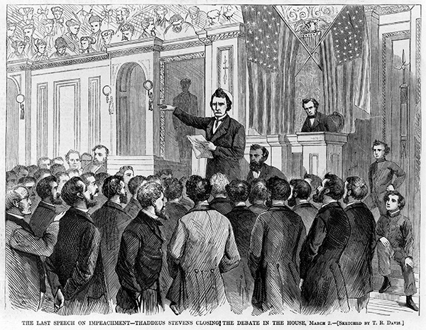 关于弹劾的最后一次演讲，塞迪厄斯·史蒂文斯在众议院结束辩论，2 月 21 日，TR Davis 草绘，哈珀周刊，1868 年 XNUMX 月 XNUMX 日（图片来源：© Circa Images/Glasshouse via ZUMA Wire）
