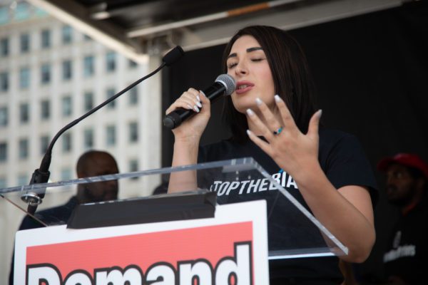 Laura Loomer and right wing groups assembled on Freedom Plaza in Washington D.C. on July 6, 2019 to ”Demand Free Speech.” Loomer has been banned by Facebook and Twitter for inciting hate and violence. (Credit Image: © Jeff Malet / Newscom via ZUMA Press)