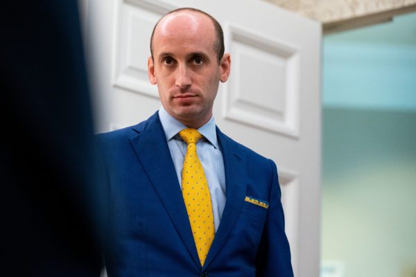 Senior Advisor for Policy Stephen Miller looks on as President Donald Trump addresses reporters in the Oval Office of the White House after receiving a briefing from law enforcement on “Keeping American Communities Safe: The Takedown of Key MS-13 Criminal Leaders” in Washington DC, on July 15th 2020 (Credit Image: © Anna Moneymaker / CNP via ZUMA Wire)