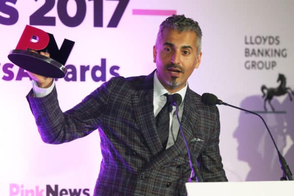 18 年 2017 月 XNUMX 日——Maajid Nawaz 在伦敦大乔治街一号举行的 PinkNews 颁奖晚宴上获得了 Pink News 广播奖。 （图片来源：© Jonathan Brady / PA Wire via ZUMA Press）