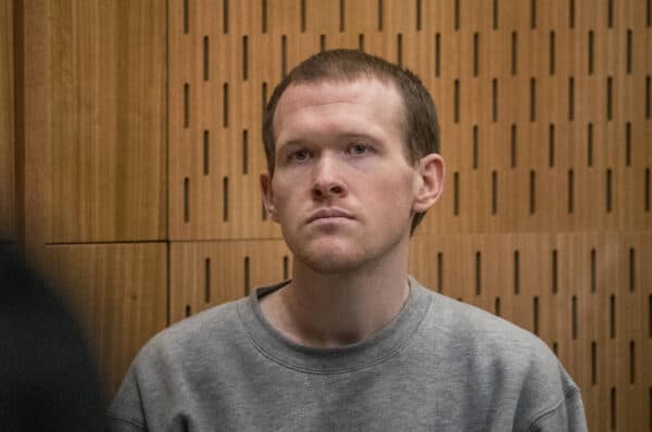 Brenton Tarrant listens as Crown prosecutor Mark Zarifeh delivers his submission during day four of the sentencing of Brenton Tarrant at the High Court in Christchurch, New Zealand, Thursday, August 27, 2020. (AAP Image/John Kirk-Anderson, The Press Pool)