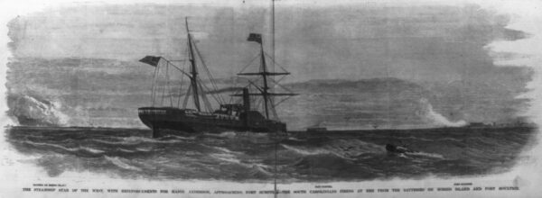 The steamship Star of the West, with reinforcements for Major Anderson, approaching Fort Sumter – The South Carolinians firing at her from the batteries on Morris Island and Fort Moultrie.