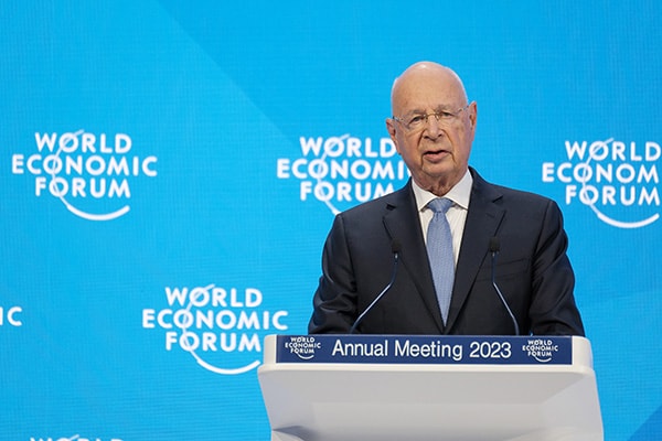 Klaus Schwab, founder and executive chairman of the World Economic Forum, speaking at the World Economic Forum Annual Meeting 2023 in Davos-Klosters, Switzerland. (Credit Image: © Walter Duerst/Avalon via ZUMA Press)