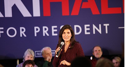 Nikki Haley, speaks to the crowd at the Exeter Town Hall Campaign stop in New Hampshire.