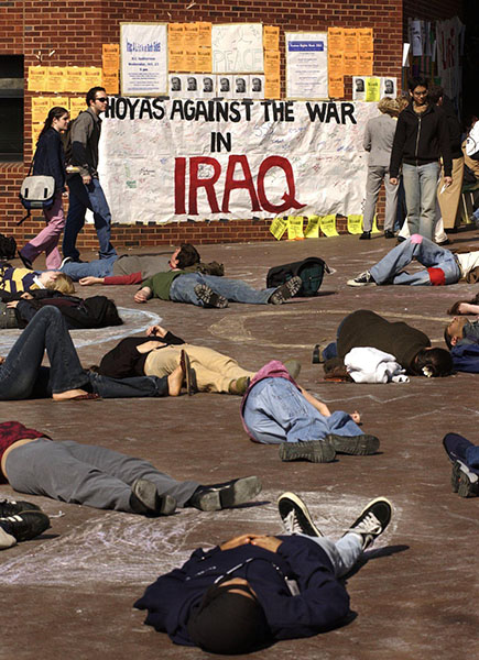 Georgetown University students hold a ”Die In” protest on the school’s campus in Washington, DC. For about 25 minutes student pretended to be dead. Wednesday, October 23, 2002. (Credit Image: The Washington Times/ZUMAPRESS.com)