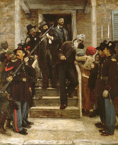 Journalist Edward House invented a story that Brown kissed a black baby on his way to the gallows. Last Moments of John Brown (1884) by Thomas Hovenden (1840–1895).